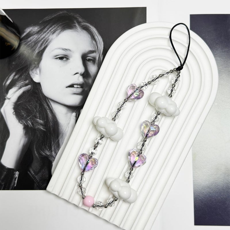 WCCH Beaded Phone Charm Y2K Kawaii Handmade Acrylic Phone Lanyard Wrist Strap for Camera Bag Airpods Keychain Charm Light Purple Heart and White Cloud - Image 3